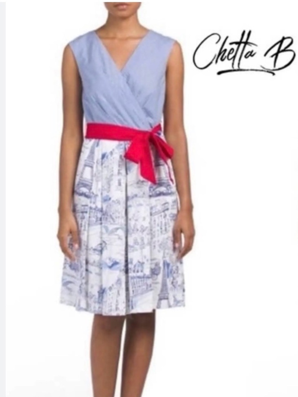 Chetta B Light Blue & White Print Midi Dress with Bright Red Waist Tie